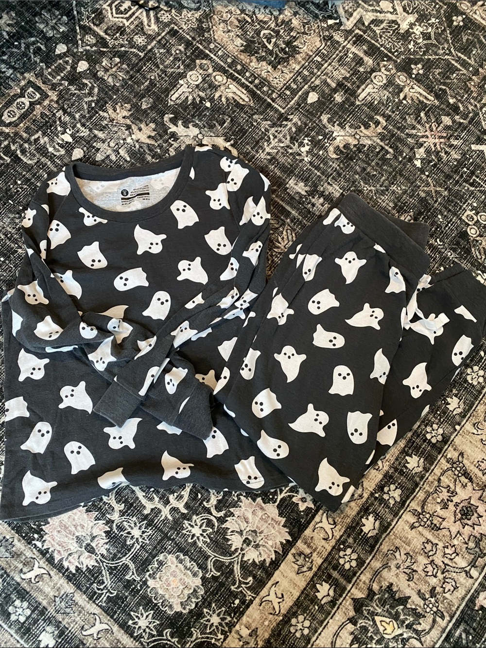 Ghost Print Long Sleeve Top and Pants Set - Charcoal